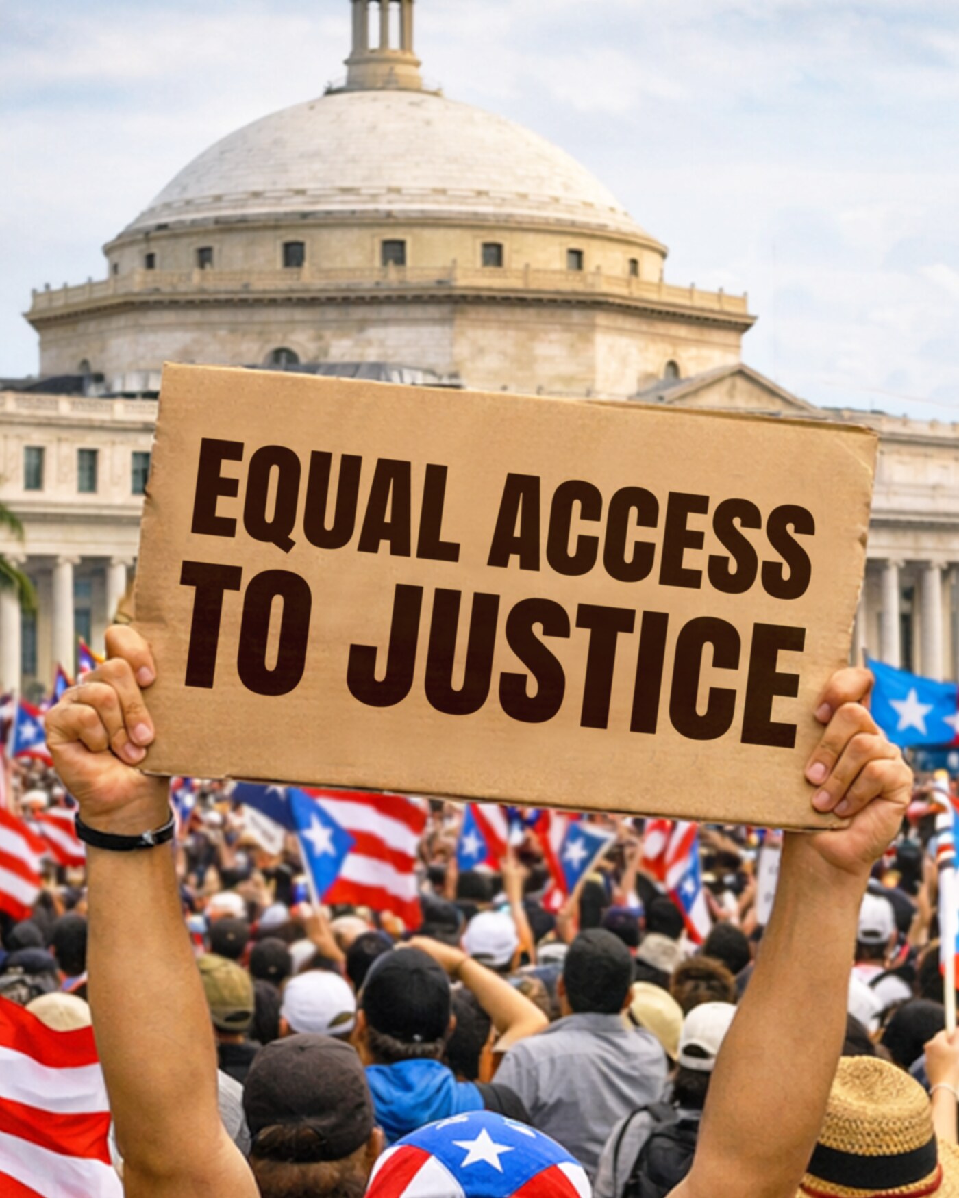 Puerto Ricans marching in front of the Capitol holding an "Equal Access to Justice" sign